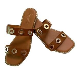 Nicole Miller Sandals Women’s 9 - Brown w Gold Embellishments Flat Slip-On - EUC